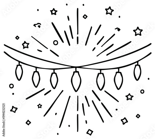 Festive garland illustration with lights, stars, and decorative radiant elements. Black outline.