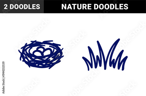 Hand-drawn nature elements featuring grass tuft and bird nest with eggs. Rustic naive marker sketch for organic branding and spring storytelling.
