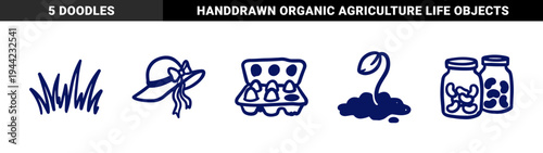 Rustic hand-drawn gardening and farm life elements featuring sun hat, grass, eggs, and seed starting for organic brand identity. Naive marker sketch illustrations.