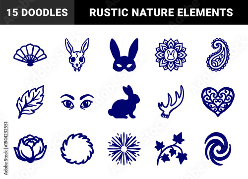 Hand-drawn mystical and nature elements for organic brand identity. Rustic, naive marker sketch illustrations featuring rabbit, floral, and celestial motifs.