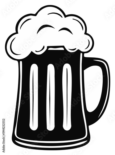 Black and white illustration of a beer mug with a frothy head.