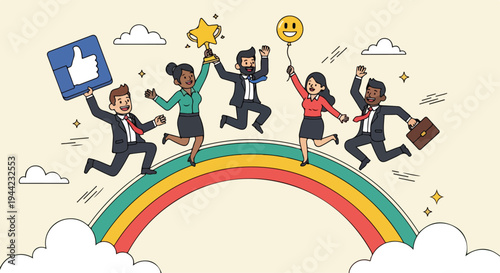 Cartoon illustration of diverse business professionals jumping on a colorful rainbow with social media symbols, conveying a joyful and celebratory mood against a light beige background with