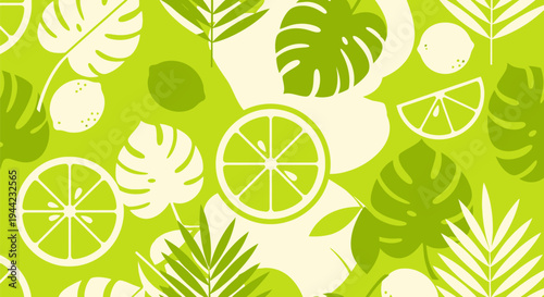 Lime slices and tropical leaves pattern.
