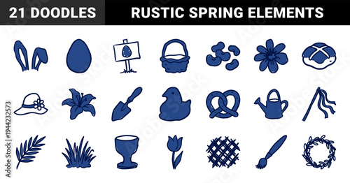 Hand-drawn Easter and spring garden elements for organic holiday branding. Rustic naive marker sketch illustrations featuring seasonal celebration concepts.