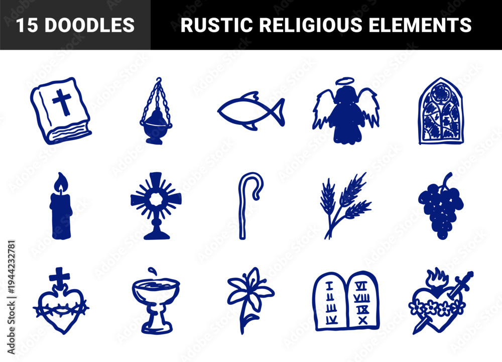 Obraz premium Hand-drawn Christian religious symbols for spiritual branding. Naive marker sketch illustrations featuring bible, cross, and sacred heart elements.