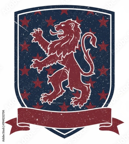 Vintage heraldic lion crest, distressed shield emblem with stars and ribbon banner, retro royal coat of arms graphic
