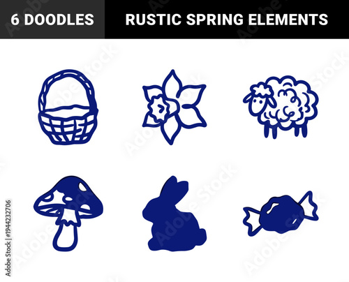 Hand-drawn spring and nature elements in a naive marker sketch style. Rustic blue ink doodle illustrations of a sheep, rabbit, basket, and flower.