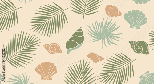 Seashells and palm leaves pattern.