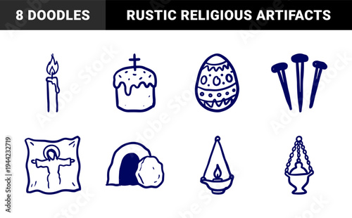 Hand-drawn Orthodox Easter symbols and religious artifacts in a rustic navy blue doodle style for spiritual branding and holiday decor.