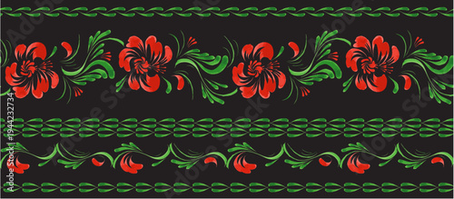 Vector floral seamless border pattern from hand painted poppy flowers and leaves on a black background