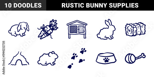 Hand-drawn rabbit care and bunny lifestyle elements featuring rustic naive marker sketch illustrations for pet shop branding.