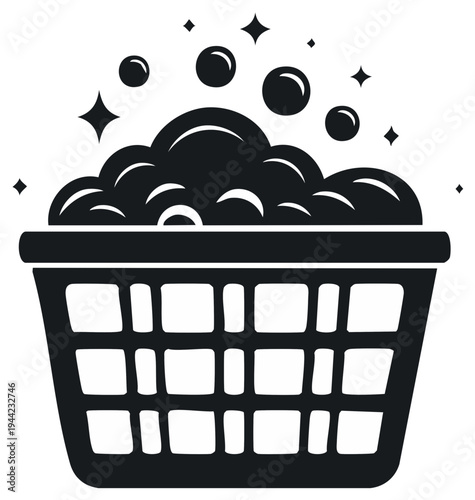 Laundry basket overflowing with bubbles and sparkles clean clothes concept