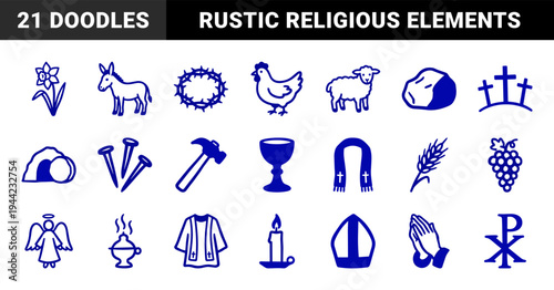 Hand-drawn Christian religious symbols and Easter elements for spiritual branding. Rustic blue marker sketch illustrations featuring faith and church concepts.
