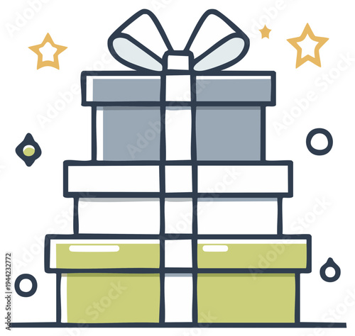 Stack of colorful gift boxes tied with a ribbon and surrounded by festive elements