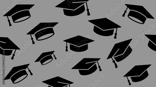 Repeating pattern of graduation caps representing university graduation, academic success, education celebration, and learning achievement.