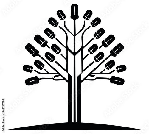 Stylized black and white illustration of a tree made of microphones on a simple ground line