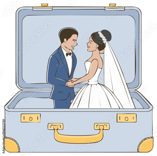 Bride and groom couple holding hands inside an open suitcase ready for travel
