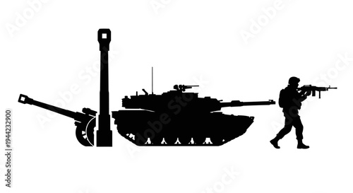 Silhouette of Military Tank, Artillery Cannon, and Soldier with Rifle on White Background