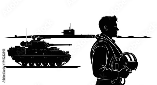 Silhouette of Pilot, Tank, and Submarine - Military Power and Defense Concept