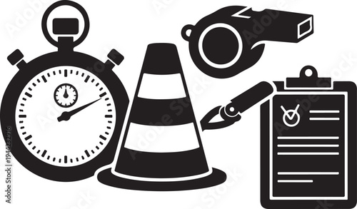 Black and white icons of time management and inspection
