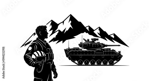 Silhouette of Soldier and Tank in Mountains