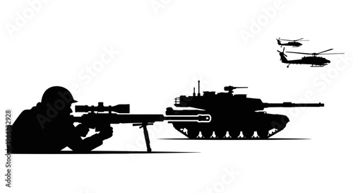 Silhouette of Sniper Aiming Rifle, Tank, and Helicopters in Combat Scene