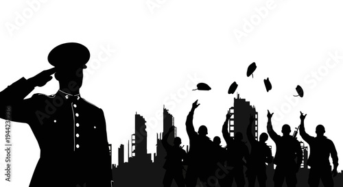 Silhouette of Soldier Saluting Amidst Destroyed Cityscape and Cheering Crowd