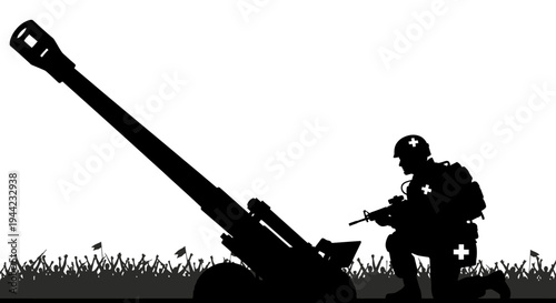 Silhouette of soldier with artillery gun and medical cross symbols, war and aid concept