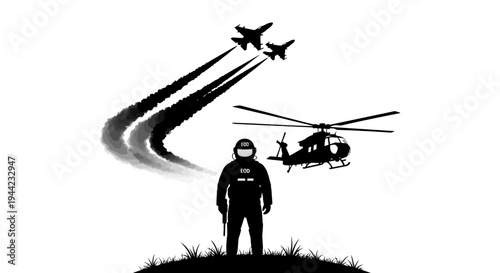 Silhouette of Soldier with Helicopter and Fighter Jets Flying Overhead