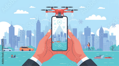 Hands holding a smartphone displaying a drone and a city skyline with AI