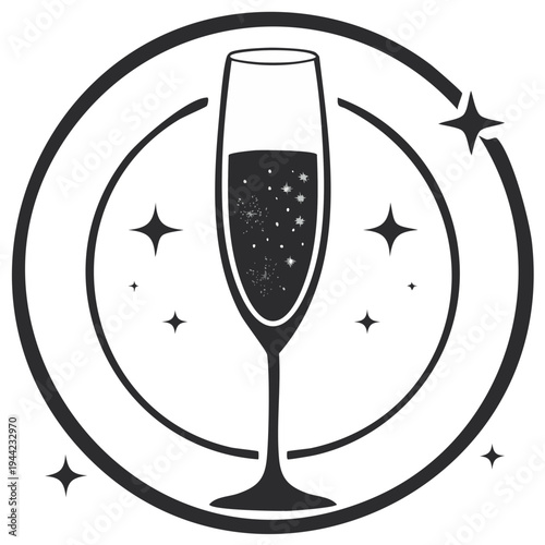 Elegant champagne flute with sparkling bubbles and stars in a festive circular frame icon graphic
