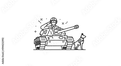 Soldier Saluting Beside Tank with Military Dog, Line Art Illustration