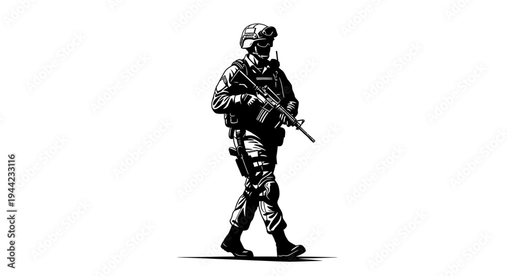 Obraz premium Soldier Walking with Rifle, Military Action, Tactical Gear, Black and White