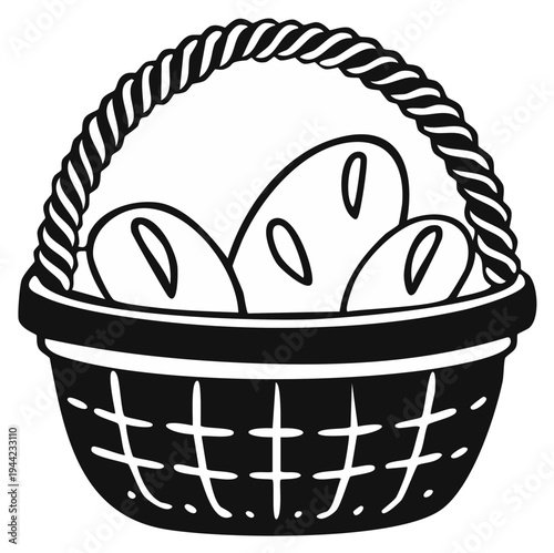 Wicker basket containing three loaves of fresh baked bread, simple monochrome illustration.