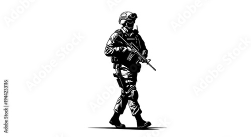 Soldier Walking with Rifle, Military Action, Tactical Gear, Black and White