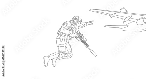 Soldier with sniper rifle jumping from airplane, military action, airborne assault