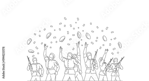 Soldiers Celebrating Victory with Confetti and Rifles
