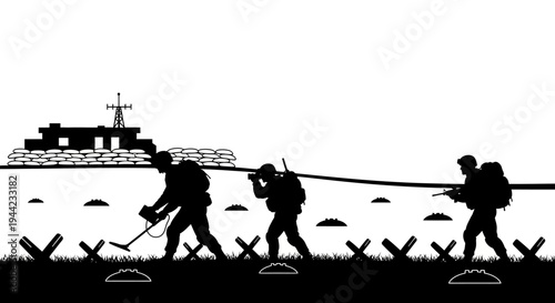 Soldiers clearing mines with metal detector and barbed wire obstacles on beach with fortification
