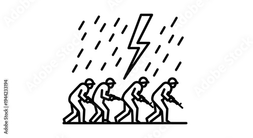 Soldiers in formation under lightning and heavy rain, military concept, war, danger, storm