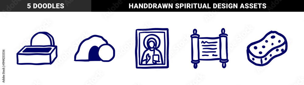 Fototapeta premium Hand-drawn religious and biblical symbols in a naive blue marker doodle style. Rustic, crude spiritual illustrations for organic faith-based branding.