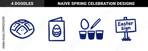 Hand-drawn Easter holiday traditions in a rustic naive doodle style. Crude marker sketch illustrations of hot cross buns, greeting cards, and egg painting.