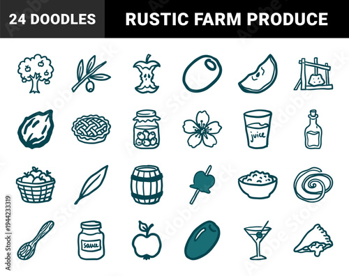 Rustic hand-drawn orchard and olive harvest elements for organic branding. Naive marker sketch illustrations of fruits, oils, and farm produce.