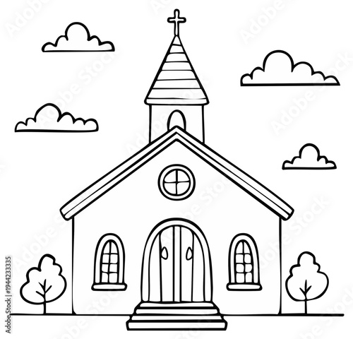 Simple Outline Drawing of a Church with a Steeple, Cross, and Trees on a Sunny Day