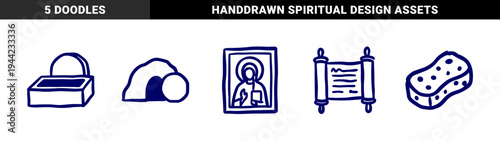 Hand-drawn religious and biblical symbols in a naive blue marker doodle style. Rustic, crude spiritual illustrations for organic faith-based branding.