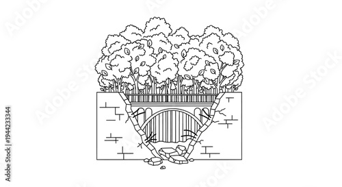 Stone bridge with arch, overgrown with lush trees and foliage, leading to a waterfall.