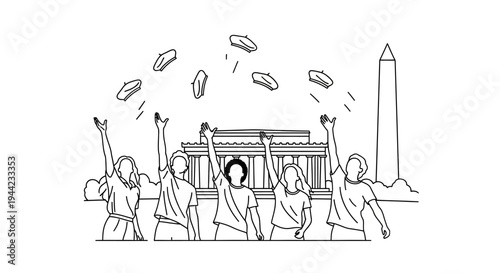 Students Celebrate Graduation Throwing Caps in Front of Lincoln Memorial, Washington DC