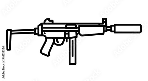 Submachine Gun Icon with Silencer and Stock - Line Art