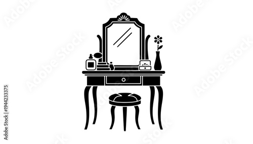 A vanity dresser silhouette with a mirror and stool illustration
