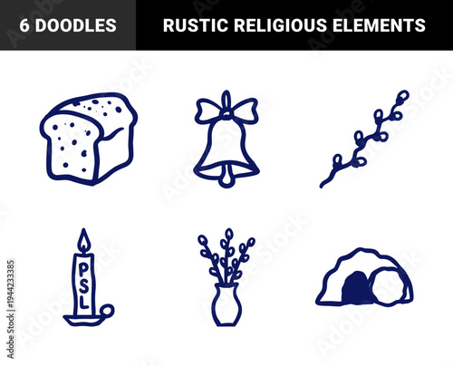 Easter holiday religious symbols in a rustic naive doodle style. Crude marker sketch illustrations featuring bread, pussy willow, bell, paschal candle, and tomb.