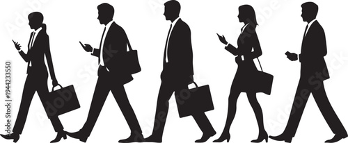 Silhouettes of business people walking with briefcases and phones